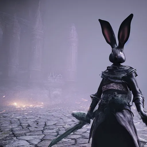 Prompt: rabbit as a dark souls boss, scary, dramatic lighting, dark, 8 k