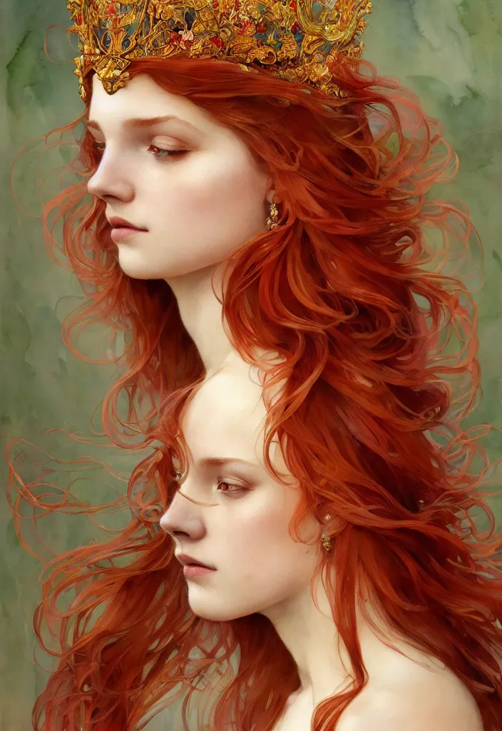 Image similar to beautiful watercolor painting of a young red hair woman wearing a crown of long golden fish, intricate, elegant, highly detailed, digital painting, artstation, concept art, smooth, sharp focus, art by krenz cushart and artem demura and alphonse mucha, dynamic lighting, full body shot, ultrarealistic, cinematic, octane render, 8 k