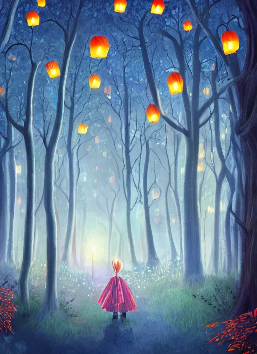 Prompt: detailed digital painting a forest at night lit by colorful paper lanterns, massive trees with warm windows, low light, dark blue sky, trending on artstation, highly detailed, inspired by A. A. Milne