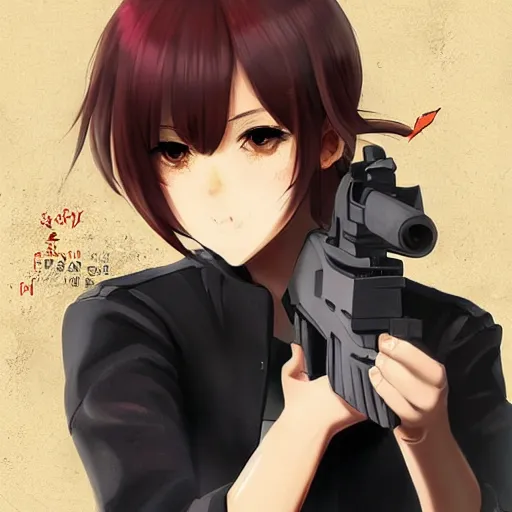 Image similar to a woman with a gun in her hand, a character portrait by shitao, trending on pixiv, sots art, official art, pixiv, anime