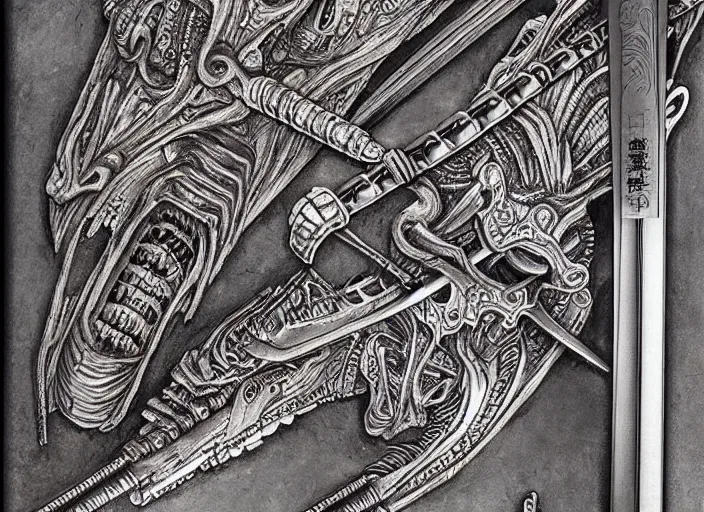 Image similar to giger, h. r. - intricately detailed samurai sword