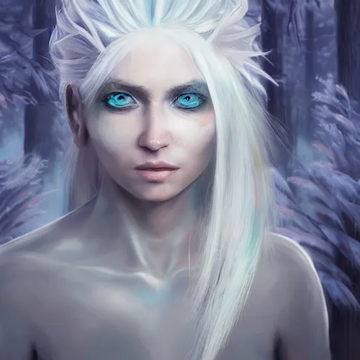 Prompt: a highly detailed portrait of a humanoid fantasy creature with white hair in a fantasy forest concept art