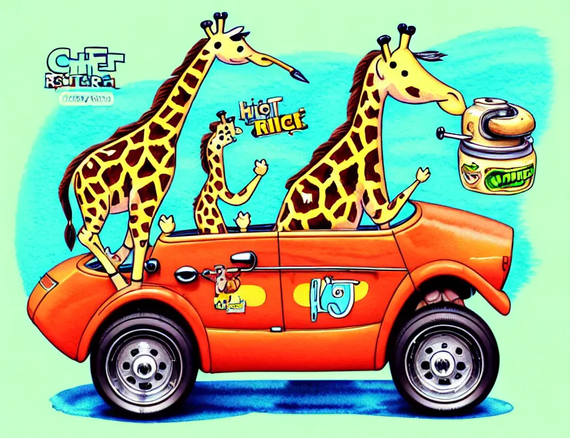 Image similar to cute and funny, giraffe riding in a tiny hot rod with oversized engine, ratfink style by ed roth, centered award winning watercolor pen illustration, isometric illustration by chihiro iwasaki, edited by range murata, tiny details by artgerm and watercolor girl, symmetrically isometrically centered