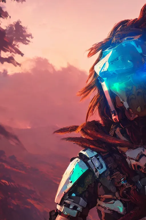 Image similar to combination suit armor aloy horizon forbidden west horizon zero dawn radiating a glowing aura global illumination ray tracing hdr fanart arstation by ian pesty and alena aenami artworks in 4 k tribal robot ninja mask helmet backpack