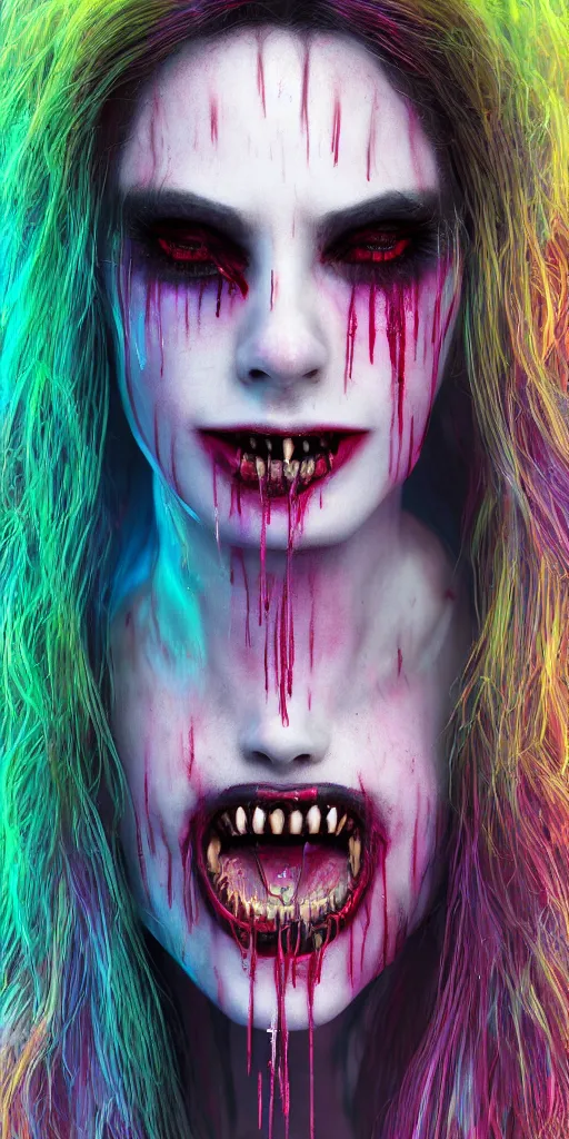 Prompt: impossibly beautiful vampire with large vampire fangs, magic, hypnosis, full body, intricate complexity, horror, psychedelic glitch art, rainbow drip paint, trending on art station, photoreal, 8k, octane render