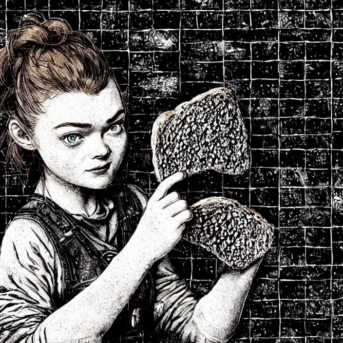 Prompt: extreme close - up on sadie sink as a miner : she lifts a slice of bread with her hand, looks at it. background : black tiles!! on walls. black and white, pencil and ink. by gabriel hardman, joe alves, chris bonura. cinematic atmosphere, detailed and intricate, perfect anatomy