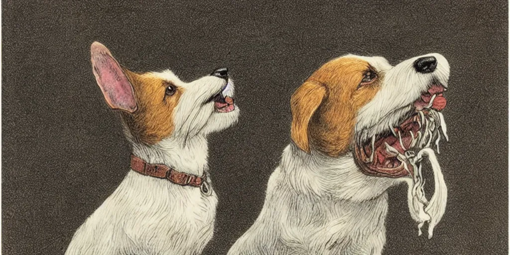 Image similar to jack russel dog looking up and howling with mouth open, highly detailed, side view, illustrated by peggy fortnum and beatrix potter and sir john tenniel