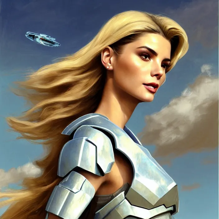 Prompt: portrait of a combination of Ashley Greene, Victoria Justice and Adriana Dxim, Grace Kelly and Lily Collins with blond hair wearing Forerunner armor from Halo, countryside, calm, fantasy character portrait, dynamic pose, above view, sunny day, thunder clouds in the sky, artwork by Jeremy Lipkin and Giuseppe Dangelico Pino and Michael Garmash and Rob Rey and Greg Manchess and Huang Guangjian, very coherent asymmetrical artwork, sharp edges, perfect face, simple form, 100mm