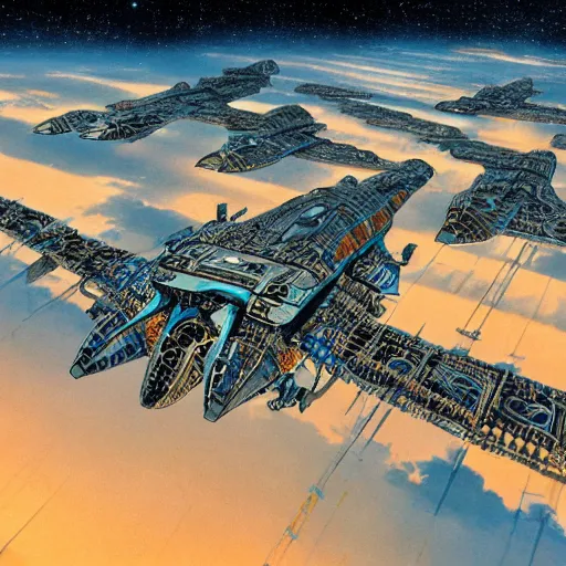 Image similar to cinematic still of hyper detailed realistic highly technical greeble hard surface modelled afro futurist spaceport, surreal flying aircraft, deep perspective, wide angle, insanely detailed and intricate, teal gold and orange color scheme, bernie wrightson