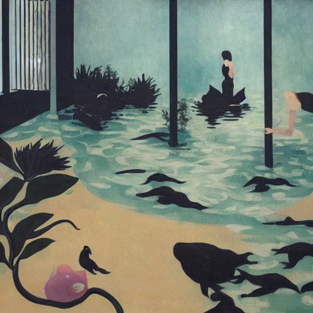 Image similar to painting of flood waters inside an apartment, sensual female emo art student, a river flooding indoors, pomegranates, pigs, ikebana, water, river, rapids, waterfall, black swans, canoe, berries, acrylic on canvas, surrealist, by magritte and monet