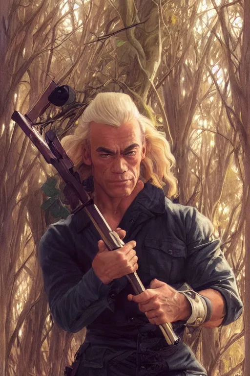 Image similar to beautiful cottagecore jean claude van dam holding nunchuks, blonde Hair, dark forest, intricate, elegant, highly detailed, digital painting, artstation, concept art, smooth, sharp, focus, illustration, art by artgerm and greg rutkowski and alphonse mucha