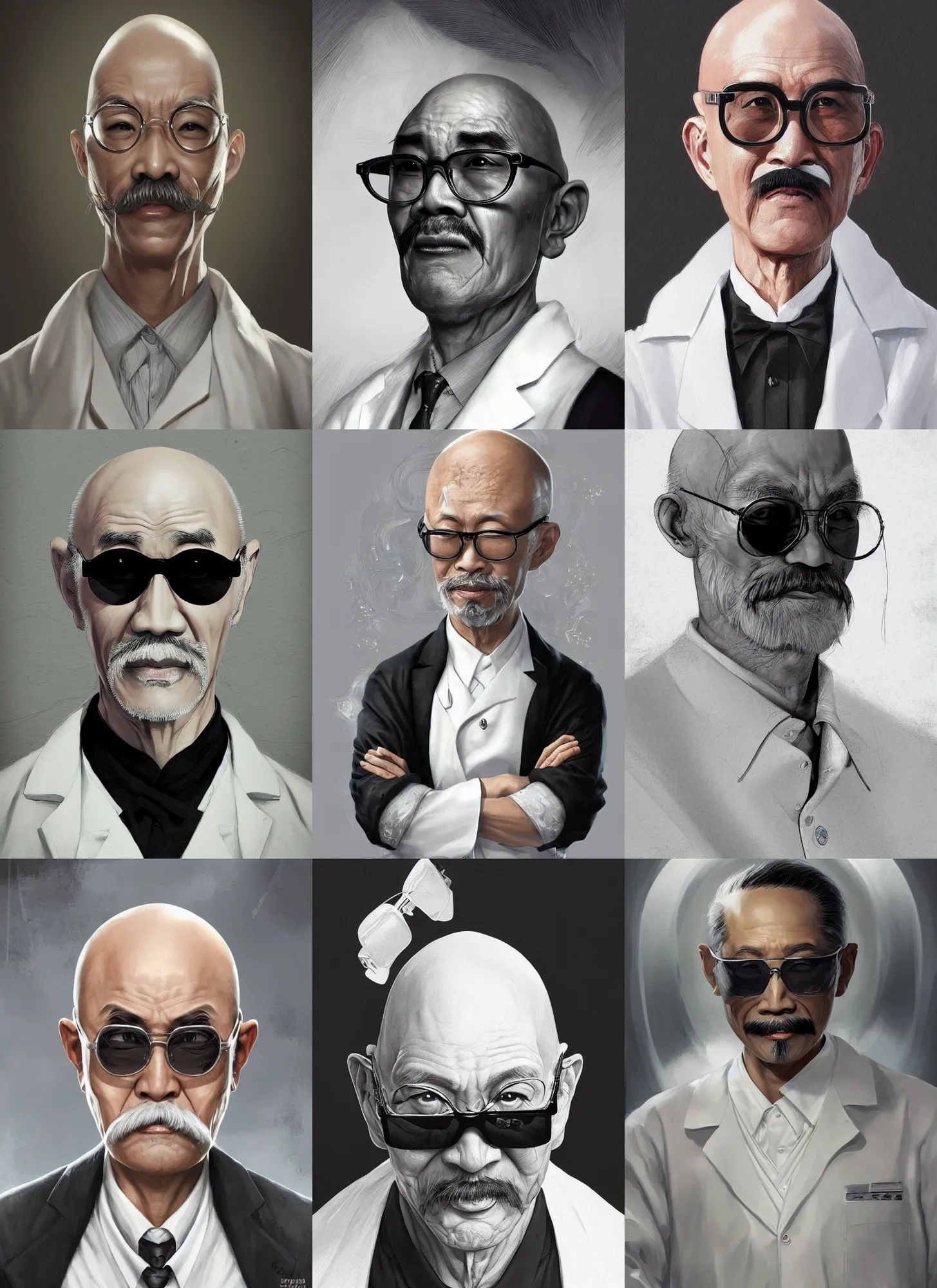 Prompt: asian old skinny scientist, bald, big moustache, black sunglasses, white gown, intricate, elegant, digital painting, highly detailed, artstation, sharp focus, concept art, illustration, artgerm, aleksi briclot, rutkowski