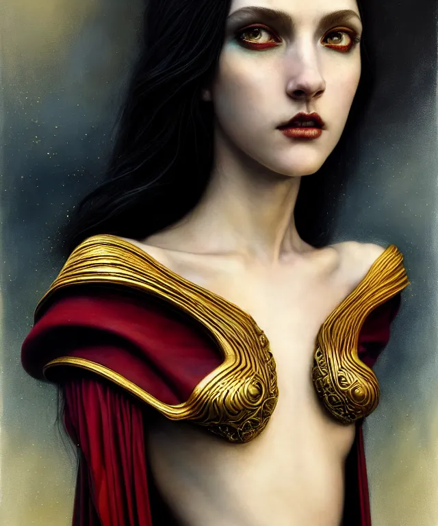 Image similar to hyperrealistic mixed media painting of a beautiful young female sorceress, stunning 3d render inspired art by P. Craig Russell and Barry Windsor-Smith + perfect facial symmetry + dim volumetric lighting, dark black hair, pale skin, ornate crimson robes with gold trim, dizzy, full body, confident heroic pose, 8k octane beautifully detailed render, post-processing, extremely hyperdetailed, intricate, epic composition, grim yet sparkling atmosphere, cinematic lighting + masterpiece, trending on artstation, very very detailed, masterpiece, stunning