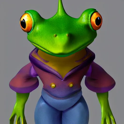 Prompt: character 3 d concept art page of a humanoid frog with a coat as an enemy in spyro the dragon video game concept art, spyro trilogy remaster concept art, playstation 1 era graphics, activision blizzard style, 4 k resolution concept art