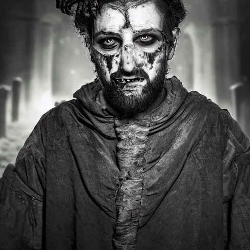 Prompt: head and shoulders photo portrait of a male medieval villager zombie in a nighttime medieval graveyard, d & d