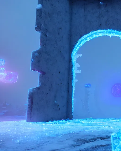 Image similar to interdimensional galaxy portal covered in frost, ice gate, volumetric light, volumetric fog, unreal engine, frostpunk photorealistic, 8 k by beeple