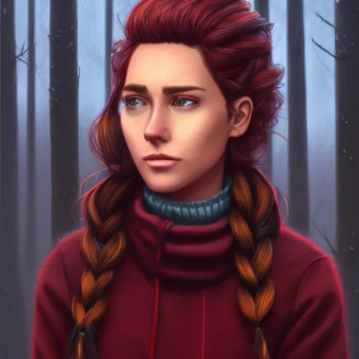 Prompt: an insanely detailed realistic depiction of beautiful jodi from stardew valley standing in the rainy forest wearing burgundy sweater under denim jacket, auburn hair, pretty brown eyes, french braid, in the style of peter mohrbacher, artgerm, dramatic lighting and composition, octane render, trending on artstation, concept art 8 k
