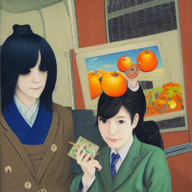 Image similar to tall emo girl artist holding small portraits and a persimmon on a train, on shinkansen in japan, odawara station, odawara castle, autumn leaves, pigs, octopus, acrylic on canvas, surrealist, by magritte and monet