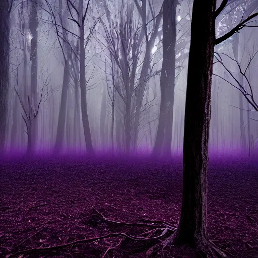 Image similar to purple lightning striking a dark forest during a full moon at night, misty, spooky, cinematic lighting, 8k render, hyperrealistic, ultra HD,