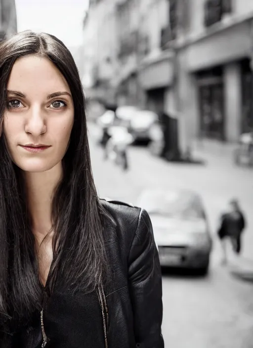 Image similar to portrait of beautiful 30-years-old French woman, with straight hair, well-groomed model, candid street portrait in the style of Martin Schoeller award winning, Sony a7R