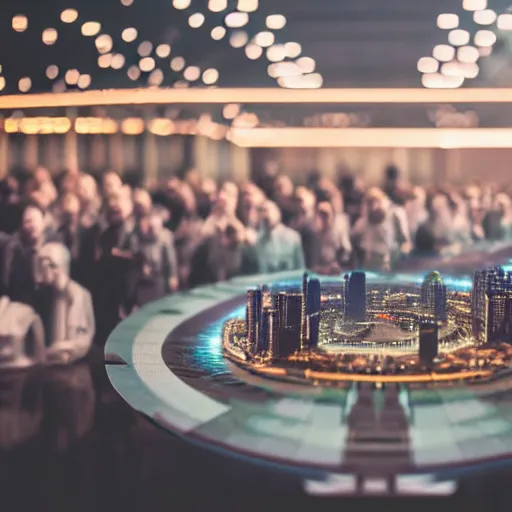 Prompt: crane shot of large group people in open warehouse, looking at hologram of futuristic city on a table, cinematic still, godrays, golden hour, natural sunlight, 4 k, clear details, tabletop model buildings, tabletop model, ethereal hologram center, crane shot, crane shot, rule of thirds