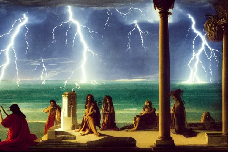 Image similar to Occult spirit on front of balustrade and palace columns, refracted lightnings on the ocean, thunderstorm, tarot cards characters, beach and Tropical vegetation on the background major arcana sky and occult symbols, by paul delaroche, hyperrealistic 4k uhd, award-winning, very detailed paradise