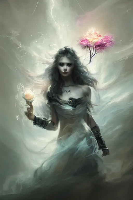 Image similar to beautiful girl necromancer, witch, storm clouds, thunder in hands, casting magic spell, angel, 3 d render, hyper realistic detailed portrait, holding electricity and flowers, ruan jia, wlop. scifi, fantasy, magic the gathering, hyper detailed, octane render, concept art, peter mohrbacher