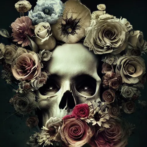 Image similar to skull and cemetary flowers, by brooke shaden and alberto seveso and eve ventrue and john salminen and tim okamura, trending on artstation hq, deviantart, pinterest, 4 k uhd image