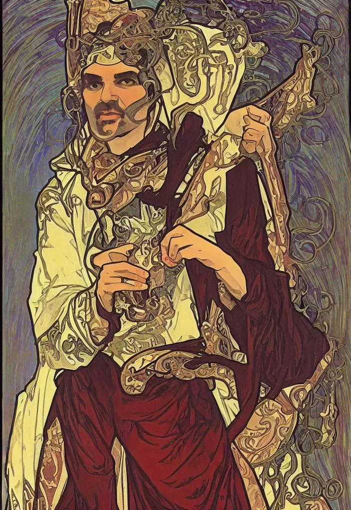 Prompt: Yoshua Bengio as the magician on a tarot card, tarot in art style by Alphonse Mucha