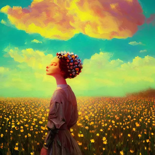 Image similar to girl with a full daisies head, surreal photography, flower field, sunset dramatic light, impressionist painting, colorful clouds, blue sky, digital painting, artstation, simon stalenhag