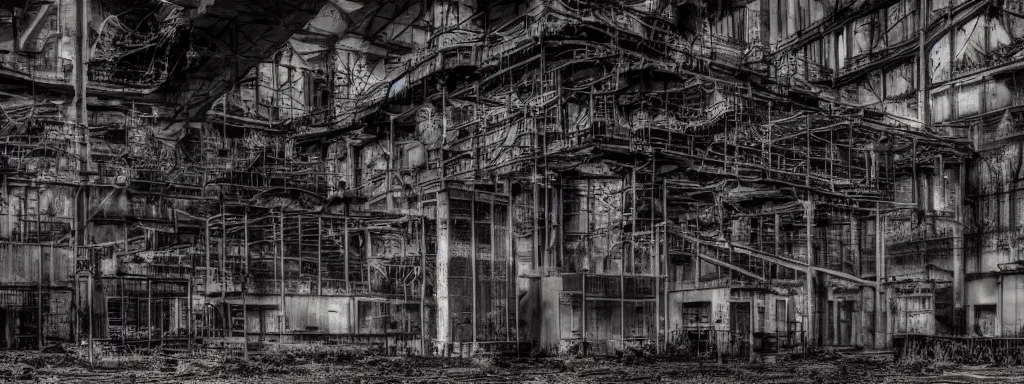 Prompt: a photo of an abandoned factory with its furnaces still lit, an album cover by hallsteinn sigurðsson, trending on behance, figuratism, cosmic horror, concert poster, poster art, black background, high contrast, noisy