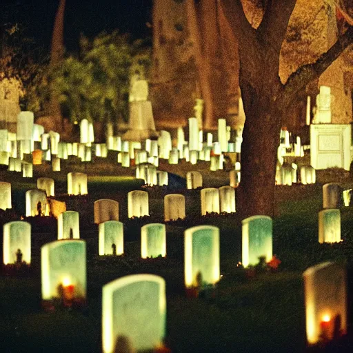 Image similar to film photography film photography of a cemetery, Panteón de Dolores, Mexico City, at night, lit with candles, Leica M6, cinestill 800, Noctilux 50mm