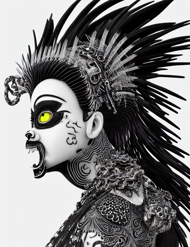 Image similar to 3 d goddess close - up profile portrait punk with mohawk with ram skull. beautiful intricately detailed japanese crow kitsune mask and clasical japanese kimono. betta fish, jellyfish phoenix, bio luminescent, plasma, ice, water, wind, creature, artwork by tooth wu and wlop and beeple and greg rutkowski