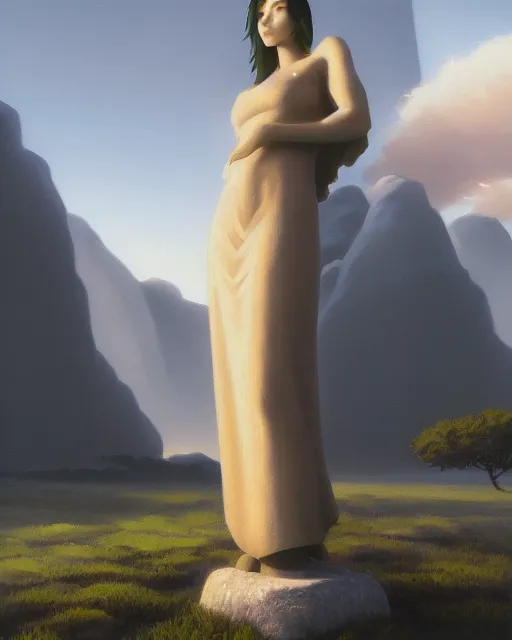 Image similar to a painting of a real woman standing in front of a huge stone statue, a screenshot by stanley twardowicz, cgsociety, aestheticism, aesthetic, vaporwave, anime aesthetic