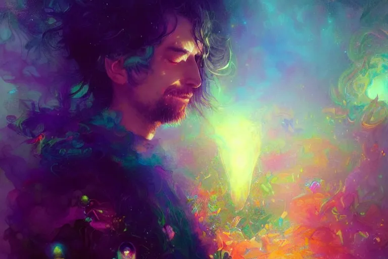 Prompt: a psychedelic realm hidden away in a pocket of ethereal understanding / astral beings sharing love greg rutkowski wlop lisa frank bob ross | ruan jia | illustration