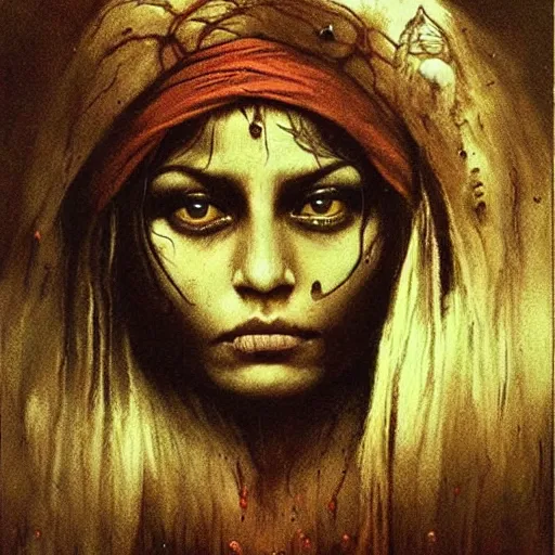 Image similar to a beautiful young indian cottagecore witch, highly detailed, masterpiece, illustrated, art by brom and beksinski
