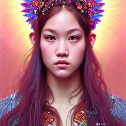 Image similar to portrait of jossi of blackpink, fractal goddess, highly detailed, digital painting, smooth, sharp focus, illustration, ultra realistic, 8 k, art by artgerm and alphonse mucha