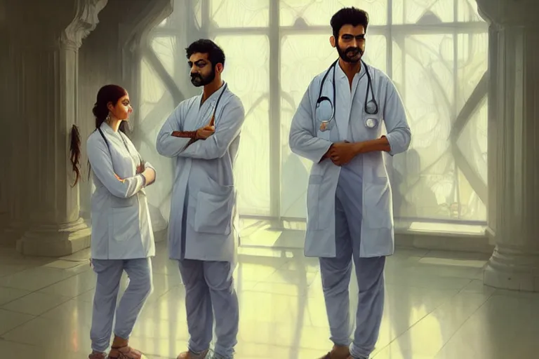 Image similar to Anxious good looking pale young Indian doctors wearing scrubs and shirts at the airport, portrait, elegant, intricate, digital painting, artstation, concept art, smooth, sharp focus, illustration, art by artgerm and greg rutkowski and alphonse mucha