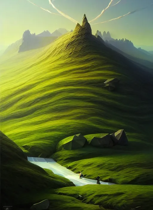 Image similar to a hyper - detailed 3 d render like a oil painting of spring in the low - poly hills, surrealism!!!!! surreal concept art, lifelike, photorealistic, digital painting, aesthetic, smooth, sharp focus, artstation hd, by greg rutkowski, chris tulloch mccabe, valentina remenar, krenz cushart and asher duran,