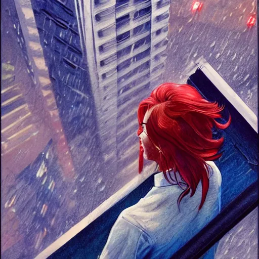 Image similar to a beautiful artwork of a woman with red hair in jeans and a white shirt smoking on the balcony of a hotel at night, top view, cinematic shot, rainy, marvel, dc comics neon and rainy theme atmosphere by Jerome Opeña, featured on artstation