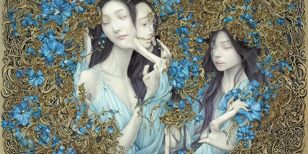 Image similar to breathtaking detailed concept art painting of the goddesses of nemophila flowers, orthodox saint, with anxious, piercing eyes, ornate background, amalgamation of leaves and flowers, by Hsiao-Ron Cheng, James jean, Miho Hirano, Hayao Miyazaki, extremely moody lighting, Black paper, cut paper texture, Full of light-blue and silver and white layers, 8K