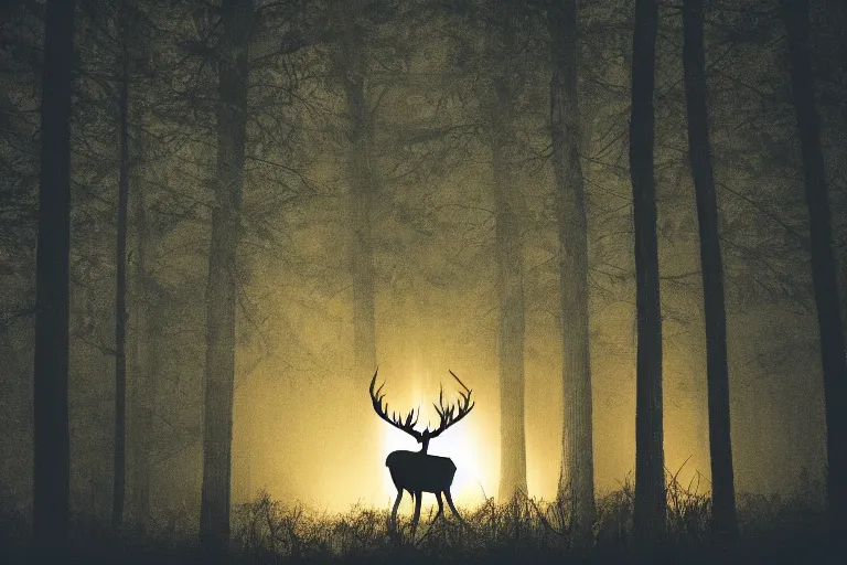 Image similar to a creepy dark forest illuminated by a glowing stag, night