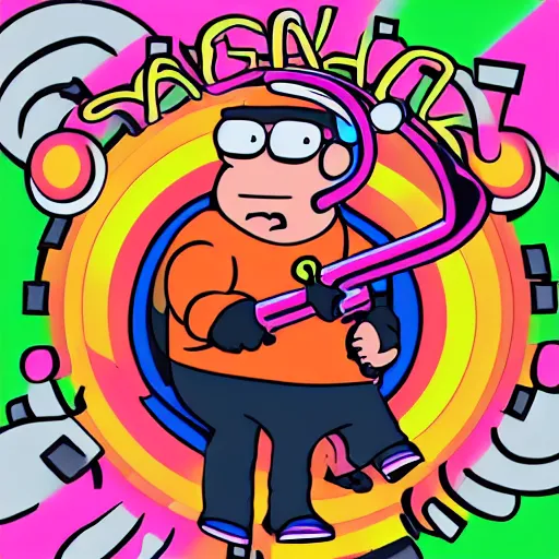 Image similar to svg sticker of a Family-Guy Peter-Griffin at a rave, spinning records, giant headphones rocking out, wearing headphones, huge speakers, dancing, rave, DJ, spinning records, digital art, amazing composition, rule-of-thirds, award-winning, trending on artstation, featured on deviantart