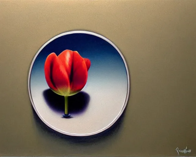 Prompt: rule of thirds inside the tulip on a table, an ultrafine detailed painting by rafal olbinski, behance contest winner, pop surrealism, detailed painting, very detailed, minimalist, skeuomorphic, airbrush art