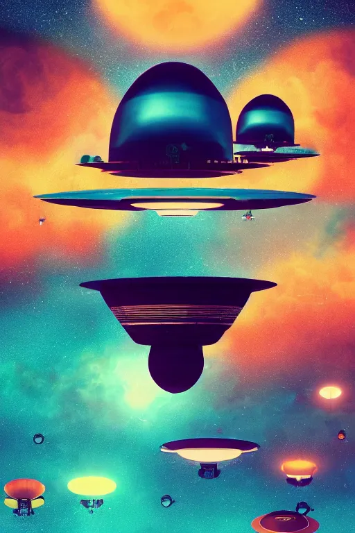 Image similar to bauhaus art style poster of a flying saucer invasion, vivid colors, high details, cinematic, 8k resolution, beautiful detailed, photorealistic, digital painting, artstation, concept art, smooth, sharp focus, illustration, fantasy background, artstation trending, octane render, unreal engine