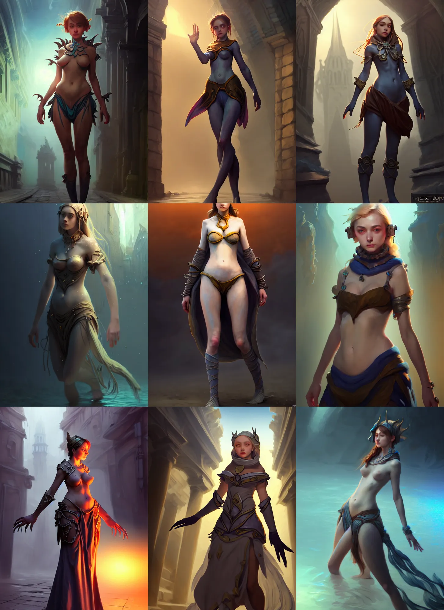 Prompt: costume design from underwater creature designers, sophisticated composition, old masters light composition, procedurally generated, epic mage girl character posing for concept art, ancient city streets behind her, substance designer, PBR, HD, Ultra detailed, hyperrealistic, megascans, volumetric light, concept by master artist, made in paint tool SAI2, trending pixiv face