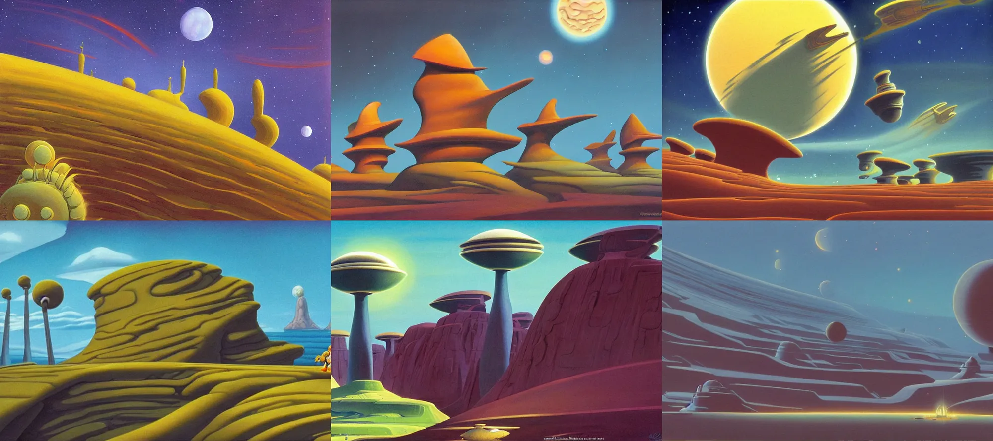 Prompt: corellia landscape in the style of dr. seuss, starships, painting by ralph mcquarrie