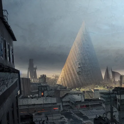 Prompt: a high quality far away picture portraying half life 2's combine citadel, portraying its huge scale emerging from the center of city 17