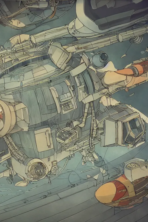 Prompt: Orthographic view, spacecraft designs, Details, illustration , in the style of Studio ghibli, tekkon kinkreet, akira, breath of the wild, myazaki, anime, clean render, denoise, rule of thirds