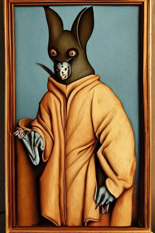 Image similar to silly hieronymus bosch creature. framed oil painting portrait of a bat in fancy felt robes. muted colour palette